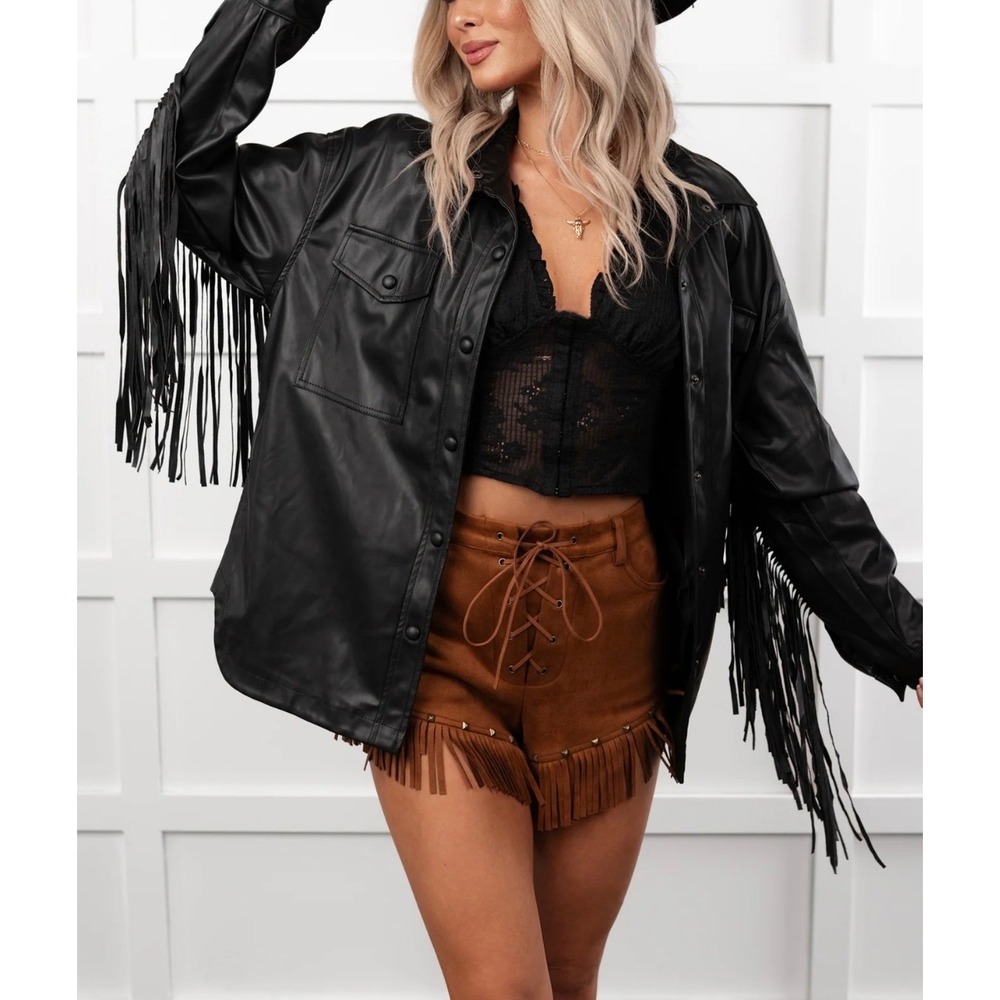 Oversized Fringe Black Button Front Faux Leather Coat Jacket Sz S Western Boho